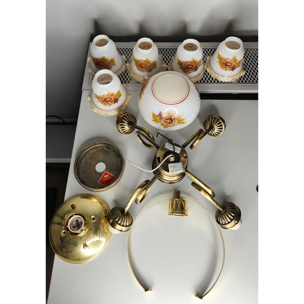 Vintage Fredrick Rammond Hanging Ceiling Light Fixture w/ Rose Milk Glass Globes